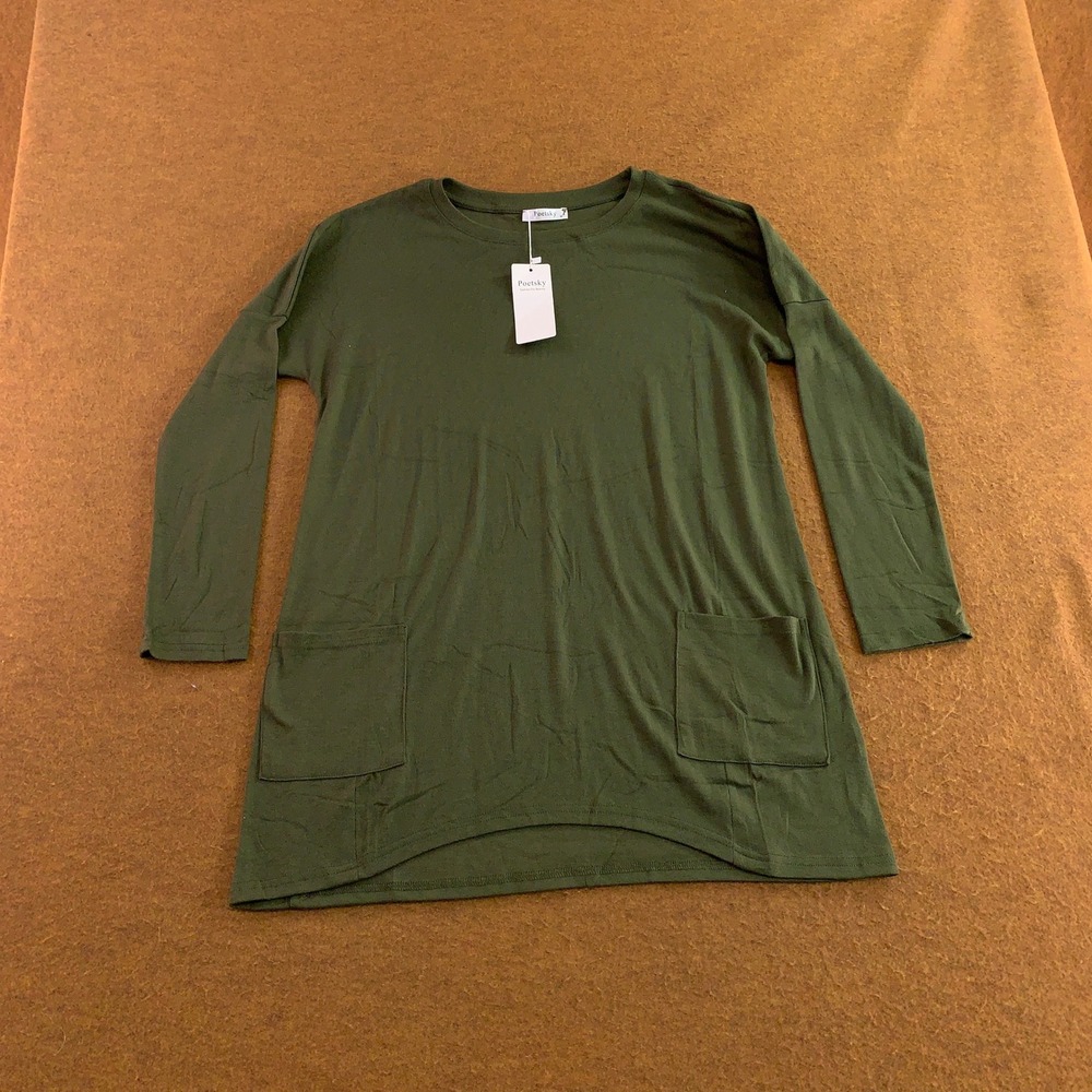 Poetsky Womens Medium Green Long Sleeve Pocket Tunic Top NWT